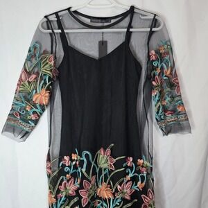 Embroidered Sheer Mesh Dress Set Boho Fairycore Cottagecore Whimsygoth Size M